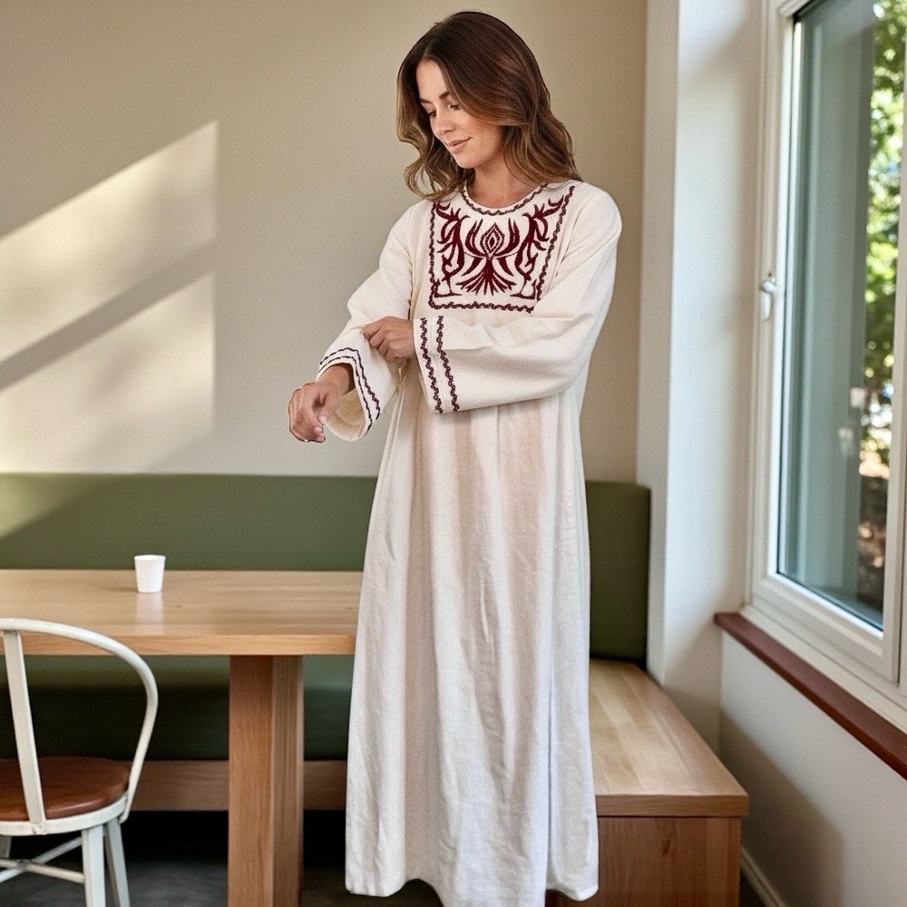 Vintage 70s Joseph Magnin Kaftan Dress Embroidered Ric Rac Cream Maxi Boho XS - Picture 15 of 15